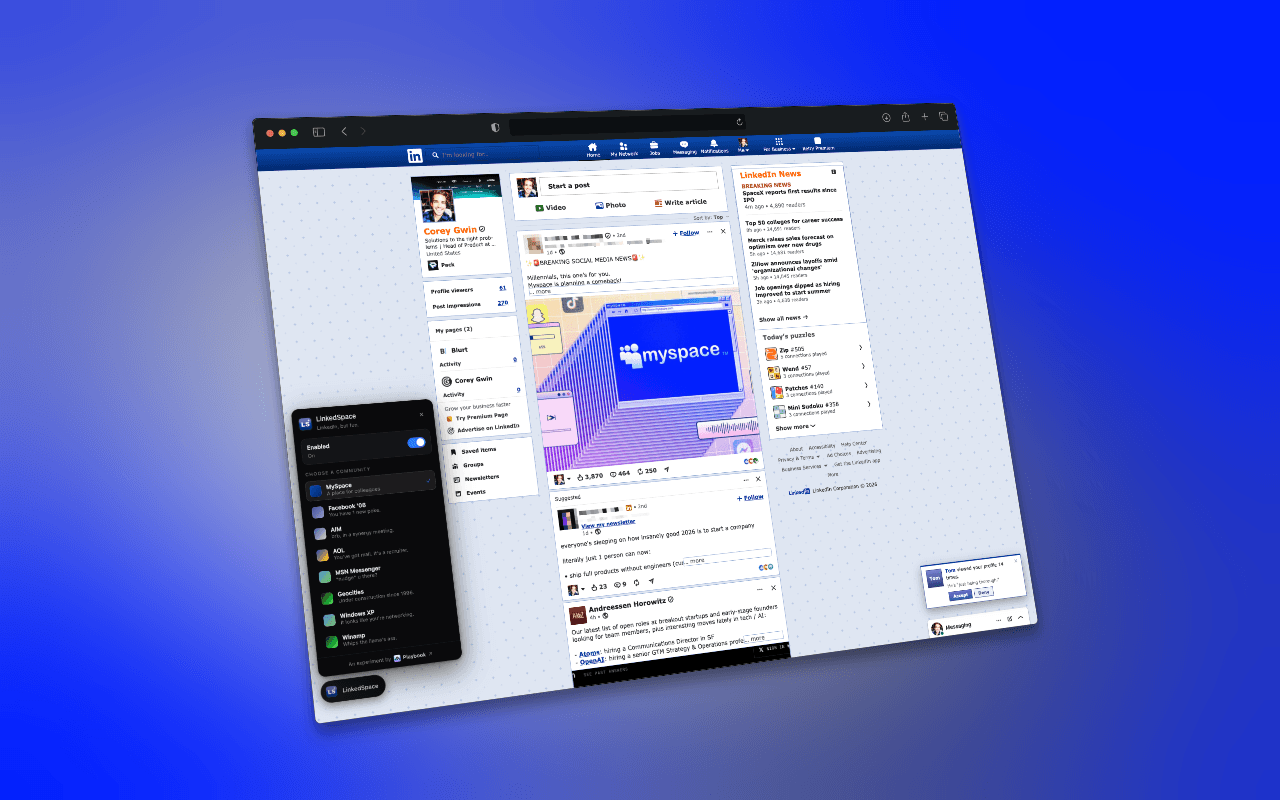 LinkedSpace reskinning a LinkedIn feed as MySpace, with the extension's era picker open.