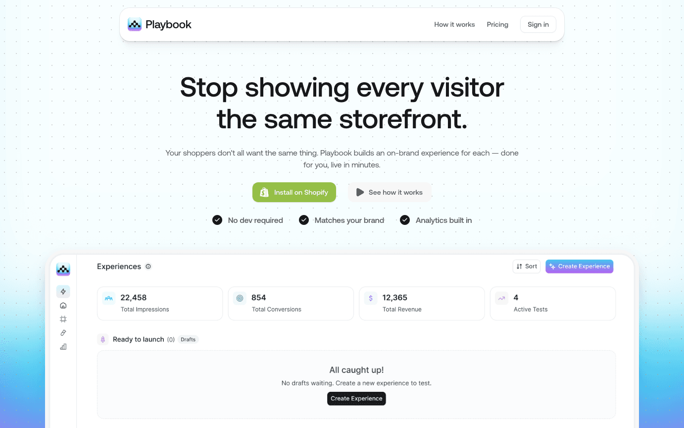 Playbook's landing page and dashboard.